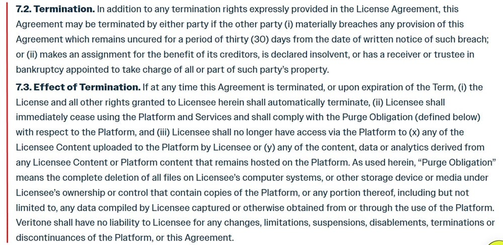 Veritone Master License Terms and Conditions agreement: Termination clause