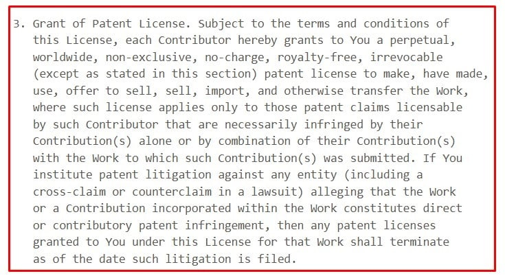 Apache License 2 Terms: Grant of Patent License section