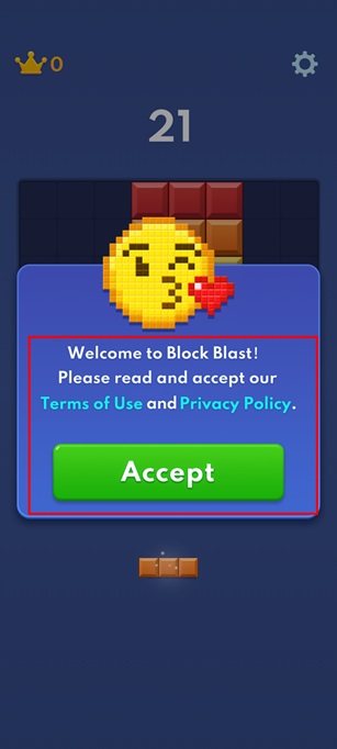 Block Blast mobile accept legal policies screen