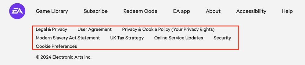 EA website footer with legal agreement links highlighted