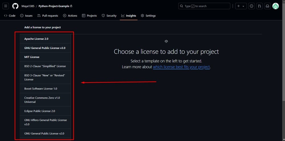 GitHub repository - LICENSE section - Choose a license template options