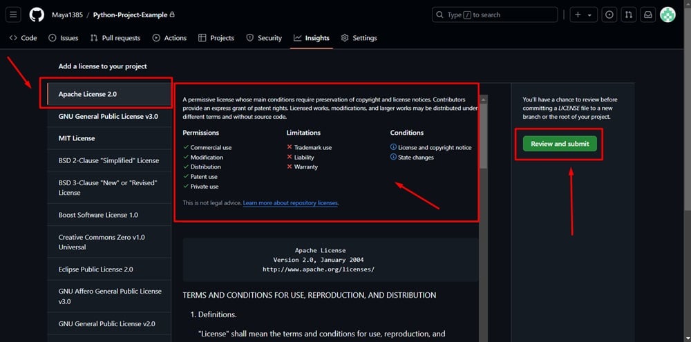 GitHub repository - LICENSE section - Apache 2.0 selected - Preview of the template shows - Review and Submit