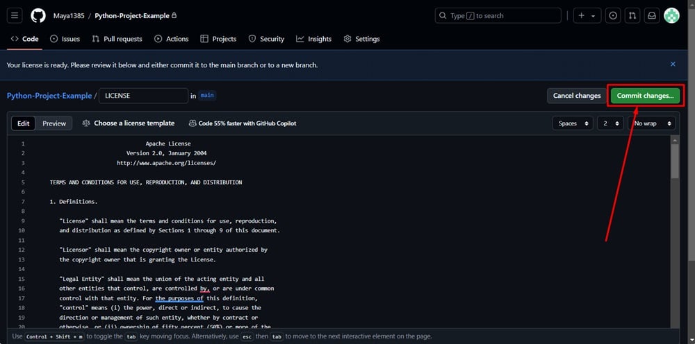 GitHub repository - LICENSE section - Apache 2.0 selected - Ready - Commit changes
