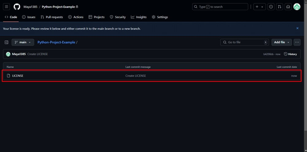 GitHub repository - LICENSE - File - created