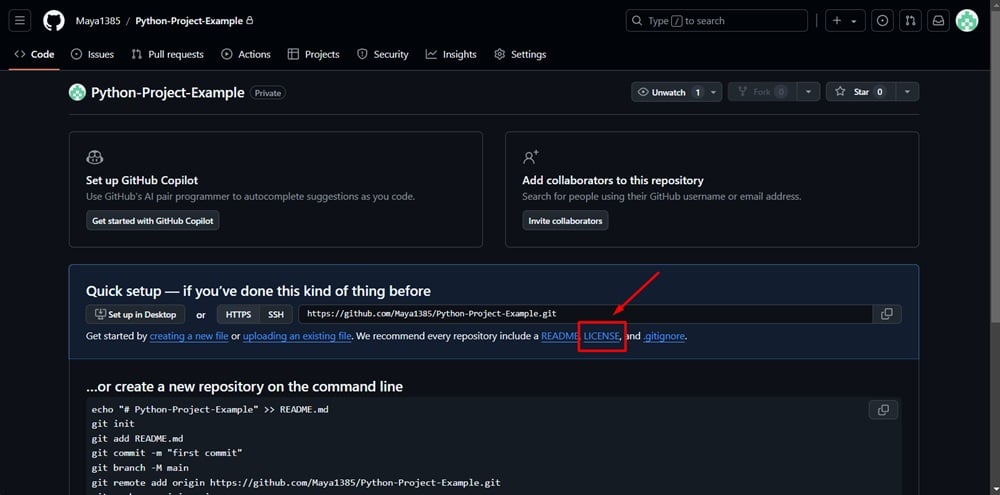 GitHub repository - Quick setup section - LICENSE link highlighted