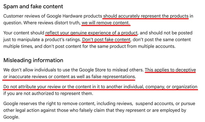 Google Store Review Guidelines: Spam fake and misleading sections