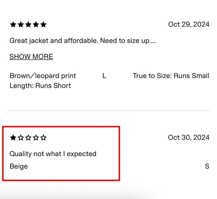 H and M Reviews section screenshot