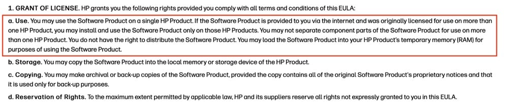 HP EULA: Grant of License clause