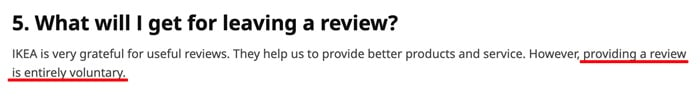 IKEA Product Review Terms and Conditions Compensation section