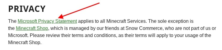 Minecraft EULA: Privacy clause