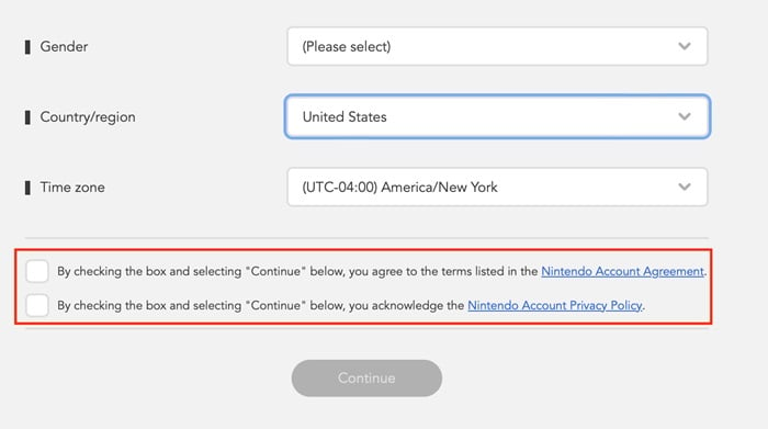 Nintendo create account form with consent checkboxes highlighted