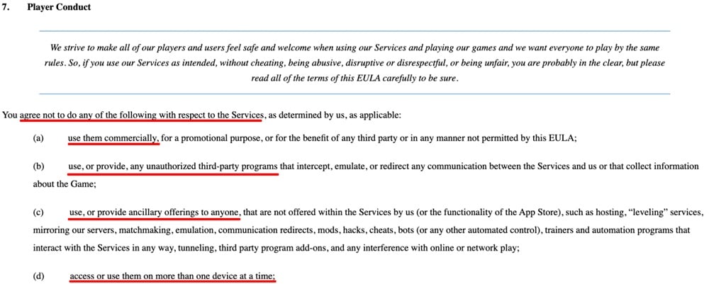 PUBG EULA: Player Conduct clause