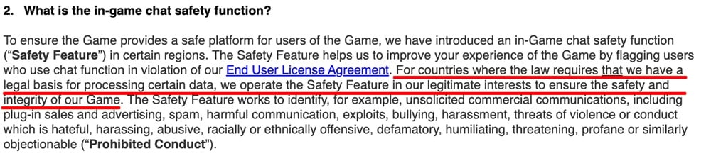 PUBG Privacy Policy: In-game chat safety function clause