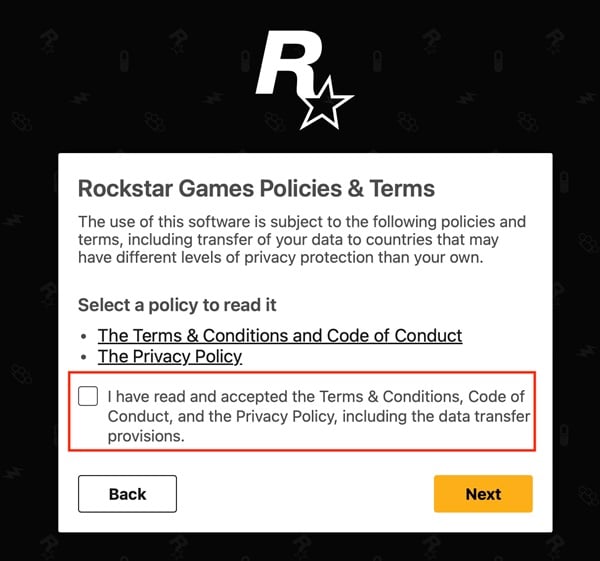 Rockstar Games consent checkbox