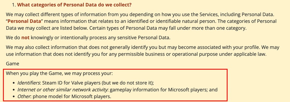 Stardew Valley Privacy Policy: What categories of personal data do we collect clause