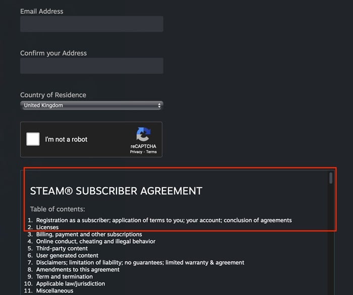 Steam Create Account page with Subscriber Agreement highlighted