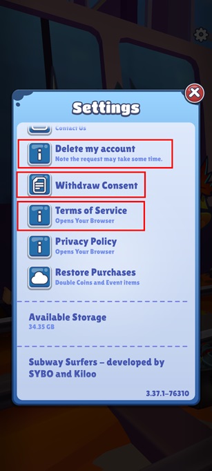 Subway Surfers mobile app Settings menu