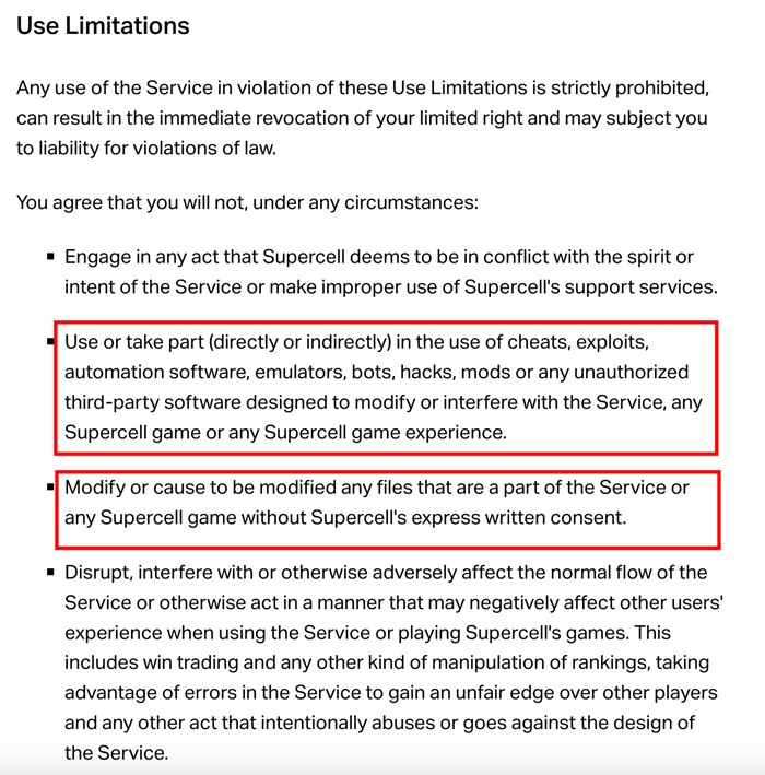 Supercell Terms of Service: Use Limitations clause