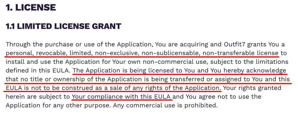 Talking Tom EULA: Limited license grant clause