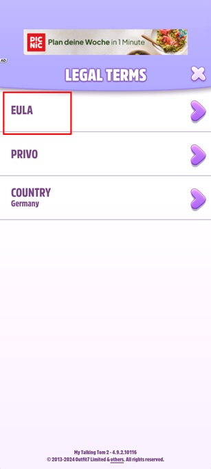 Talking Tom game with legal menu with EULA highlighted