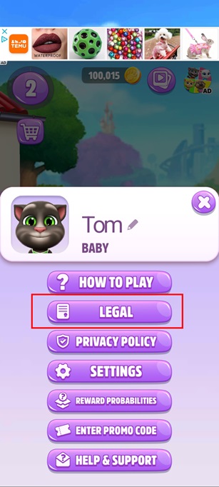 Talking Tom game with legal menu highlighted