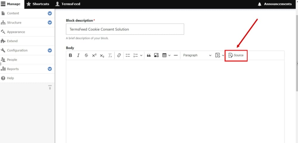 TermsFeed Drupal - Manage - Structure - Add content block - Body - Source