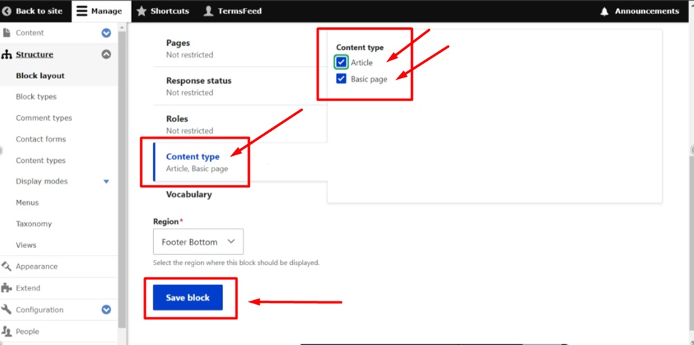 TermsFeed Drupal - Manage - Structure - Content block added - Configure block - Visibility - Content type - Article and Basic page selected - Save block