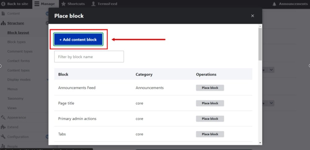 TermsFeed Drupal - Manage - Structure - Block layout - Footer Bottom block - Place block - Add content block