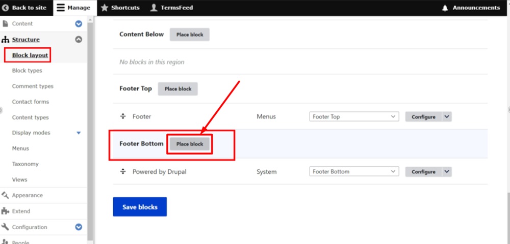 TermsFeed Drupal - Manage - Structure - Block layout - Footer Bottom block - Place block