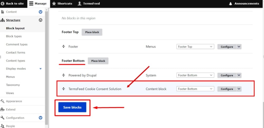 TermsFeed Drupal - Manage - Structure - Block layout - Footer Bottom - The TermsFeed Cookie Consent Solution block added - Save blocks