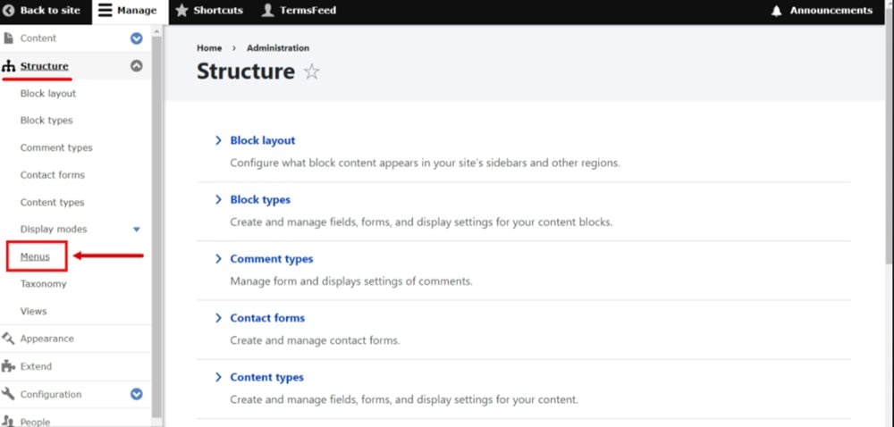 TermsFeed Drupal - Manage - Structure - Menus