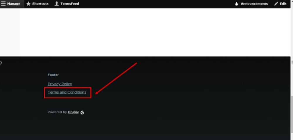 TermsFeed Drupal - Site preview with the Terms and Conditions URL displayed in the footer