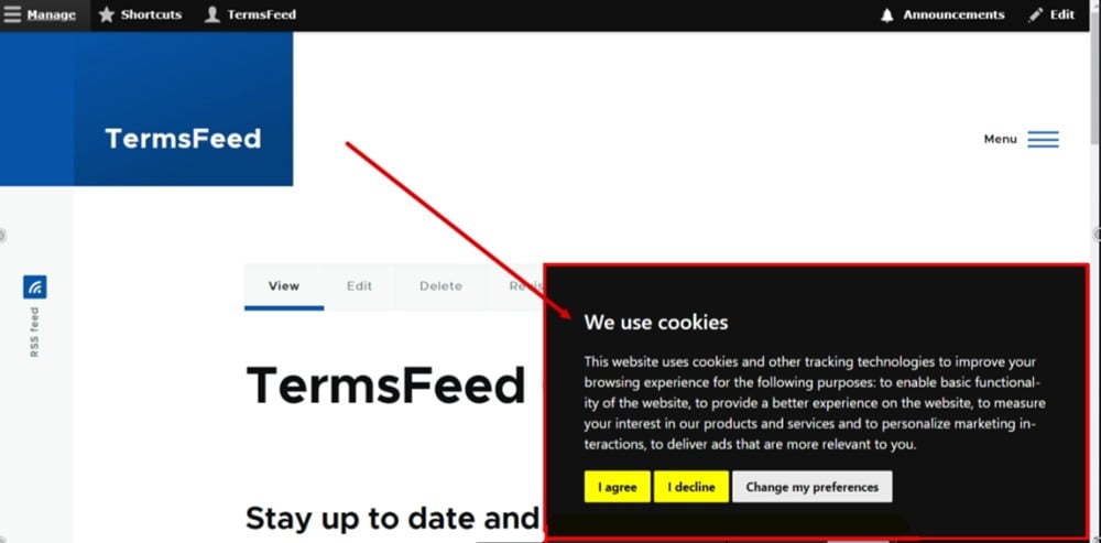 TermsFeed Drupal - Site preview - The Free Cookie Consent Notice Banner displayed