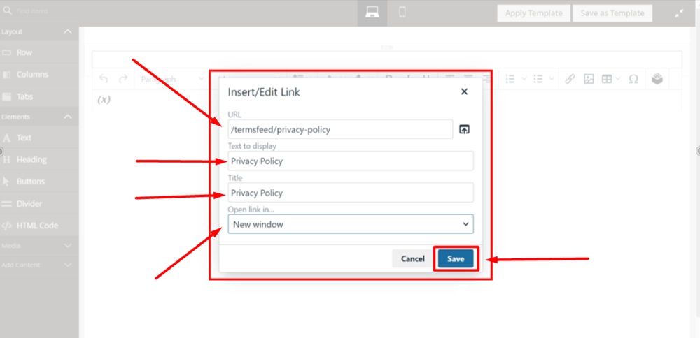 TermsFeed Magento 2 - Blocks - Add New Block - Text editor - Insert Link window fields filled - Save