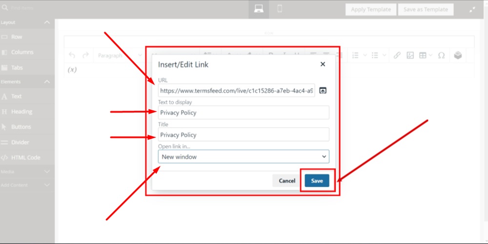 TermsFeed Magento 2 - Blocks - Add New Block - Text editor - Insert Link URL window fields filled - Save