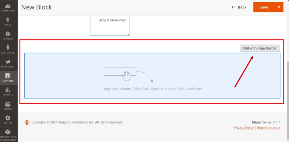 TermsFeed Magento 2 - Blocks - Add New Block - The required fields filled - Edit with Page Builder button