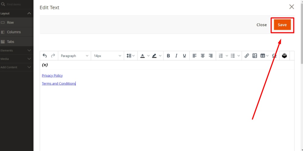 TermsFeed Magento 2 - Content - Blocks - Footer Links Block - Edit with Page builder - Text - Link Terms and Conditions inserted - Save