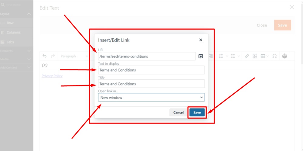 TermsFeed Magento 2 - Content - Blocks - Footer Links Block - Edit with Page builder - Text - Insert Link window - Fields filled - Save