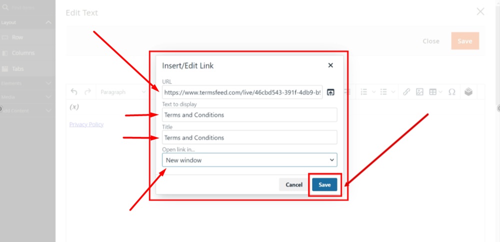 TermsFeed Magento 2 - Content - Blocks - Footer Links Block - Edit with Page builder - Text - Insert Link URL window - Fields filled - Save