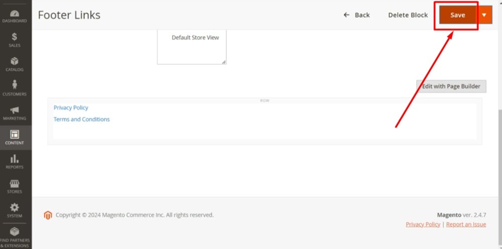 TermsFeed Magento 2 - Content - Blocks - Footer Links Block - Edited - Save
