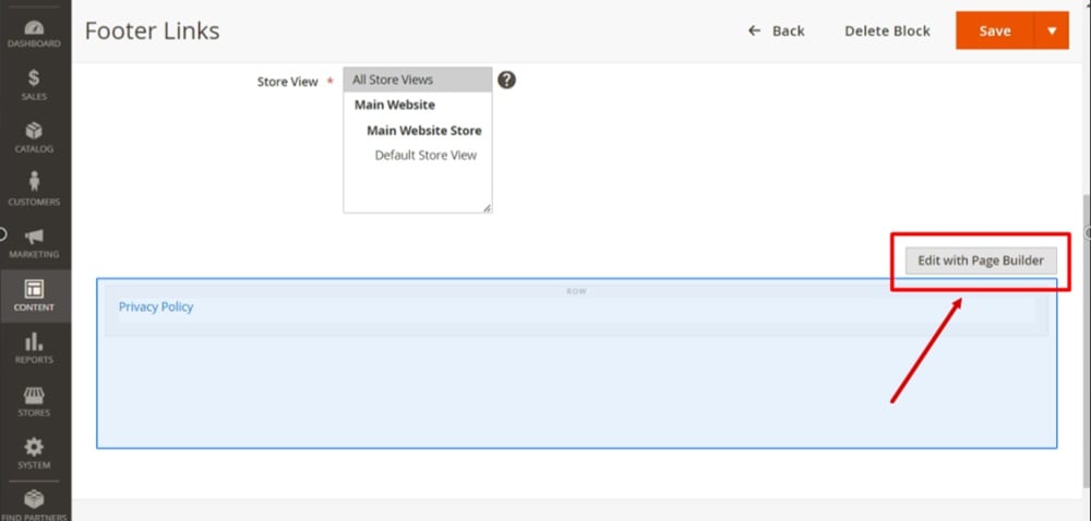 TermsFeed Magento 2 - Content - Blocks - Footer Links Block - select Edit with Page builder
