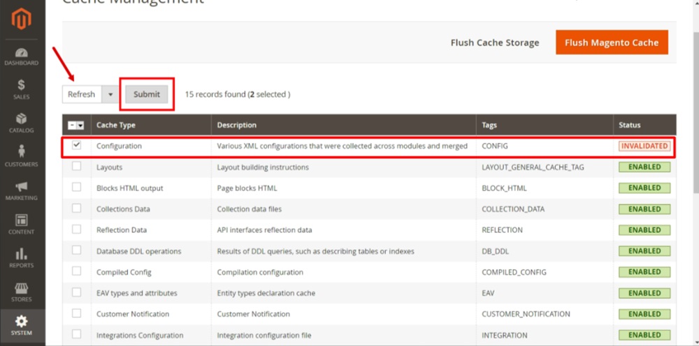 TermsFeed Magento 2 - Dashboard - Cache Management - refresh selected for update -  Submit