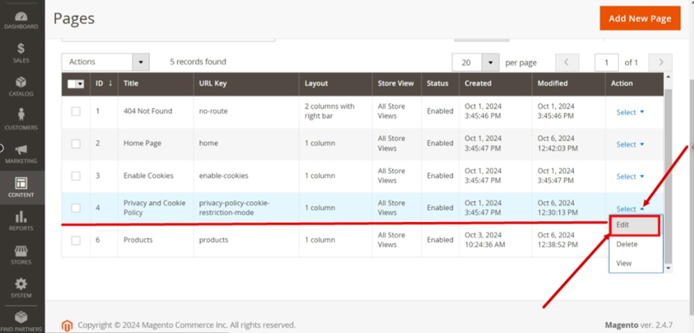 TermsFeed Magento 2 - Dashboard - Content - Pages - Privacy and Cookie Policy - Action select Edit