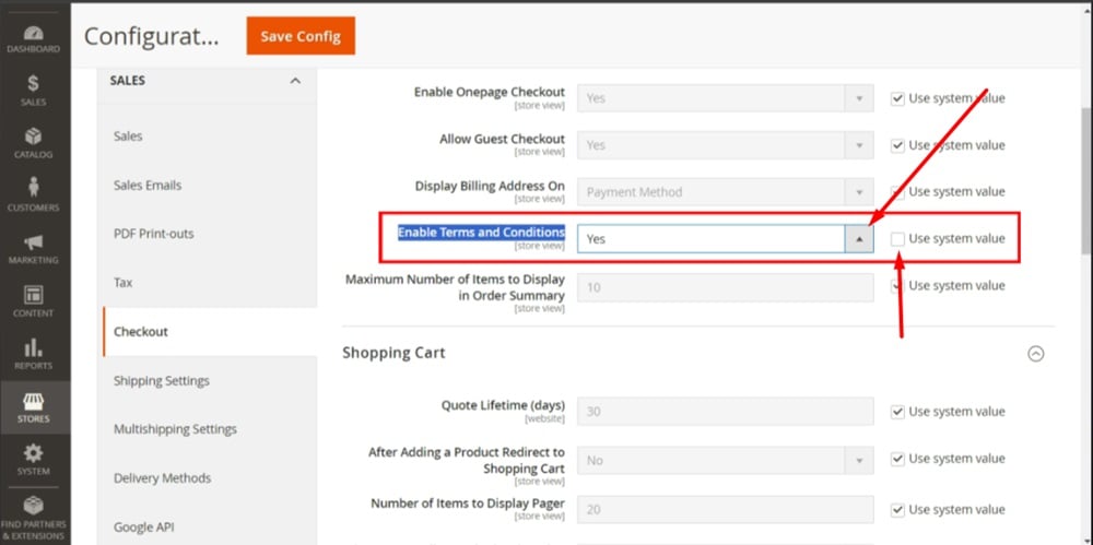 TermsFeed Magento 2 - Dashboard - Store - Configuration - Sales - Checkout - Adjust Enable Terms settings