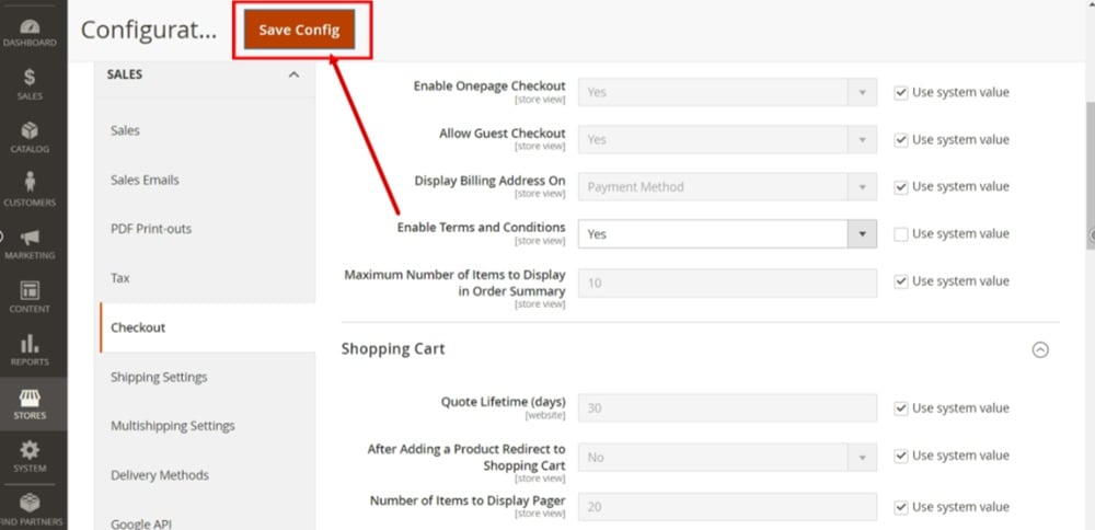 TermsFeed Magento 2 - Dashboard - Store - Configuration - Sales - Checkout - Adjusted - Save Configuration