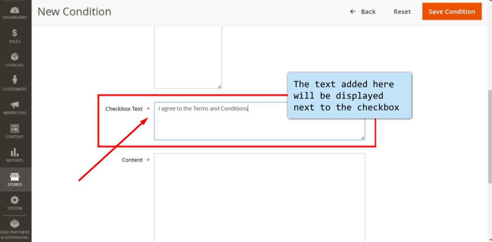 TermsFeed Magento 2 - Dashboard - Store - Terms and Conditions - Add New Condition - Required fields - Checkbox Text added