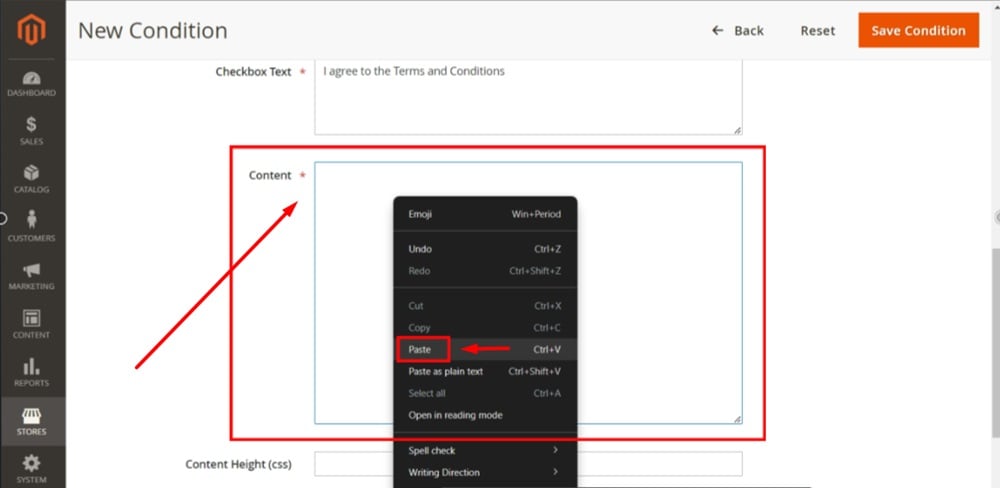 TermsFeed Magento 2 - Dashboard - Store - Terms and Conditions - Add New Condition - Required fields - Content - Paste TXT