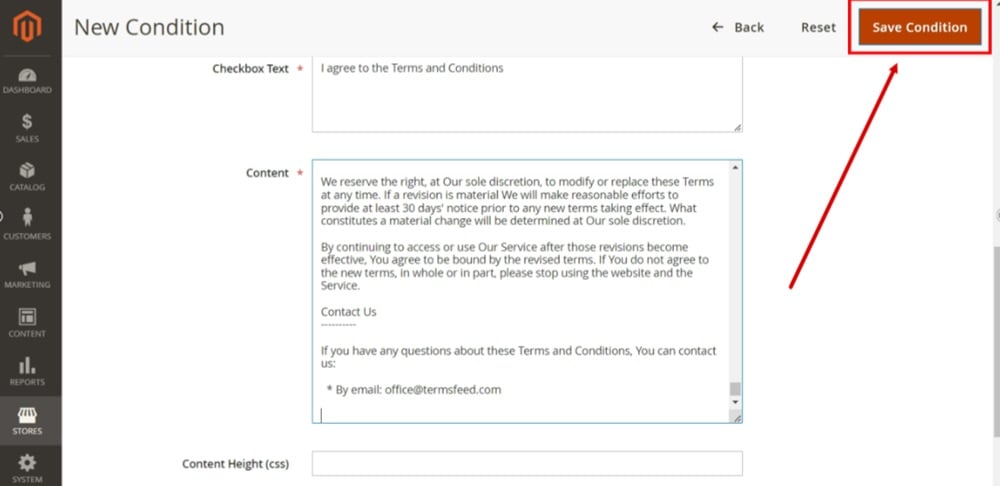TermsFeed Magento 2 - Dashboard - Store - Terms and Conditions - Add New Condition - Required fields filled - Save Configuration