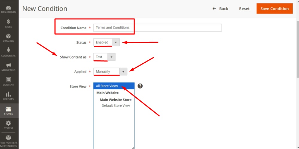 TermsFeed Magento 2 - Dashboard - Store - Terms and Conditions - Add New Condition - Required fields filled