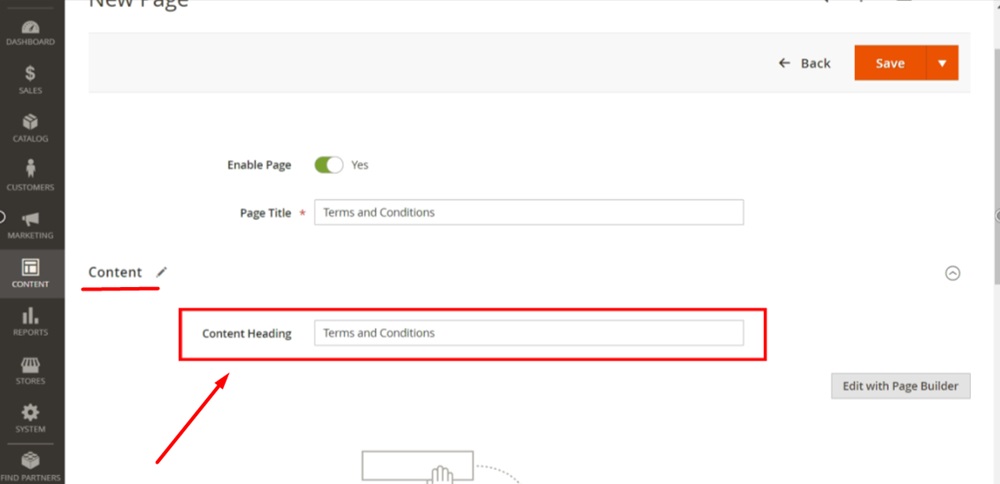 TermsFeed Magento 2 - Pages - Add New Page - Content - Heading - Terms and Conditions